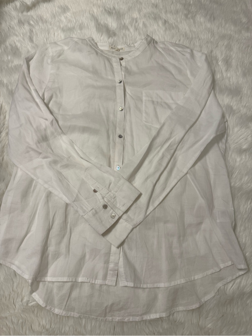 Eileen Fisher L White Organic Mandarin Linen Band Collar Shirt Cottagecore